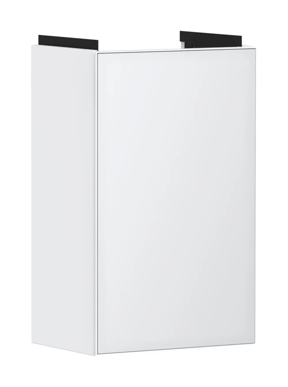 Weißer Waschtischunterschrank von Hansgrohe mit einer einzigen Tür, die links anschlägt, bereit für den Einsatz unter einem Handwaschbecken.